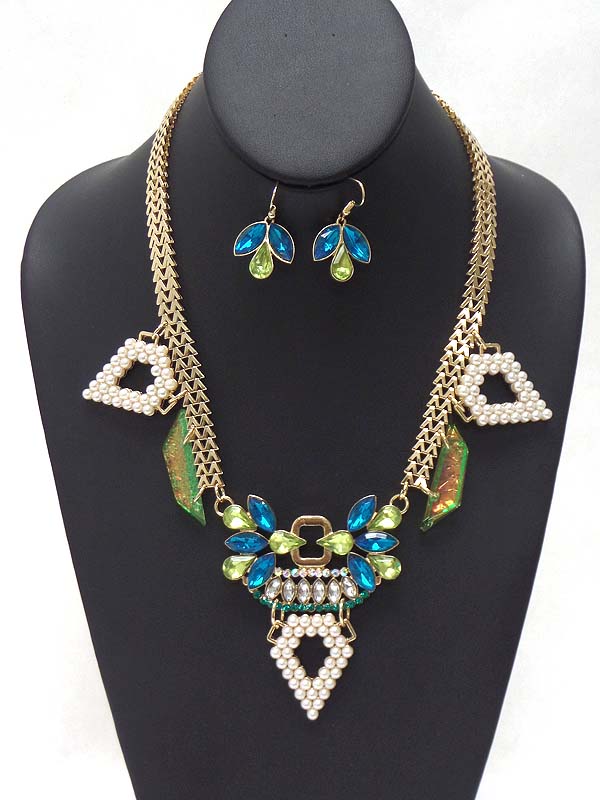 Crsystal and pearl art deco mini luxury necklace earring set