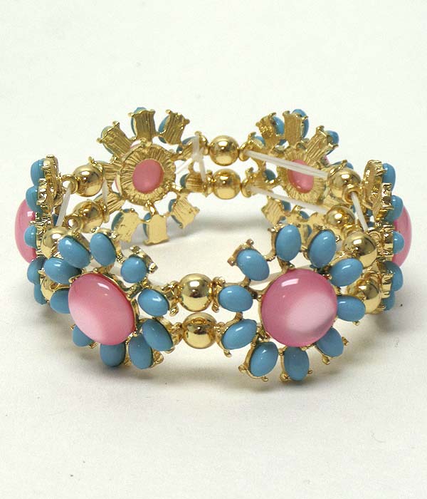 Puffy stone multi flower link stretch bracelet