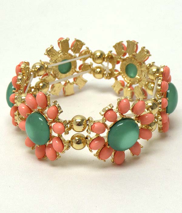 Puffy stone multi flower link stretch bracelet