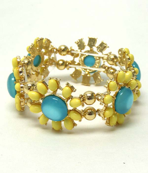 Puffy stone multi flower link stretch bracelet