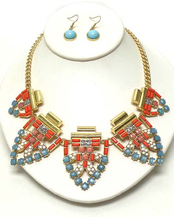 CRYSTAL AND ACRYLIC STONE MIX DECO COCKTAIL NECKLACE EARRING SET