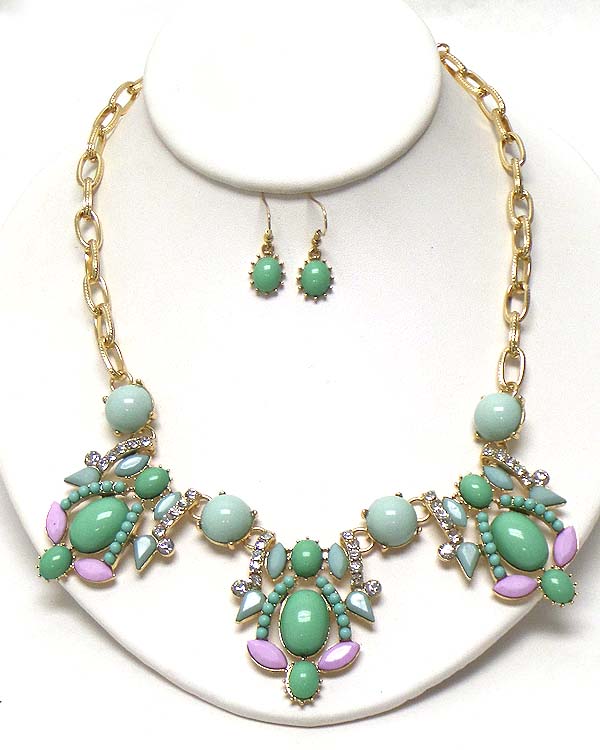 Crystal and acrylic stone mix deco cocktail necklace earring set