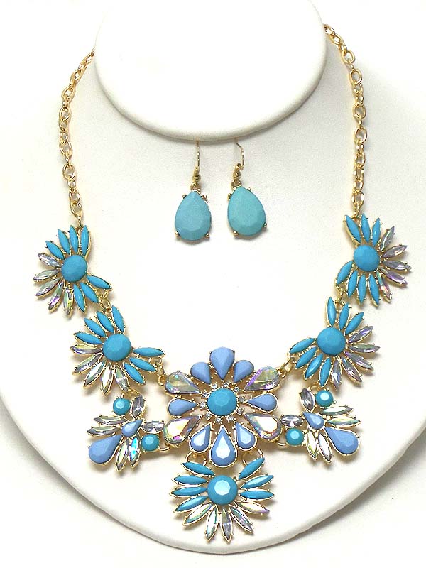 Multi crystal and acrylic stone mix flower link cocktail necklace earring set