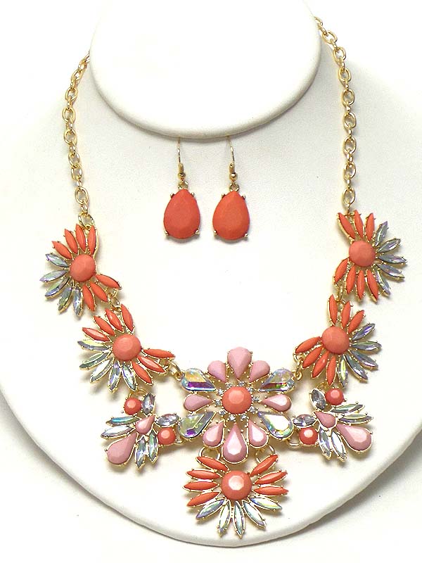 Multi crystal and acrylic stone mix flower link cocktail necklace earring set