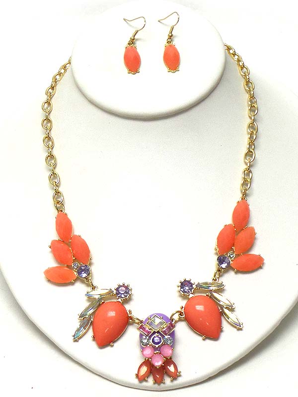 CRYSTAL AND ACRYLIC STONE MIX DECO NECKLACE EARRING SET