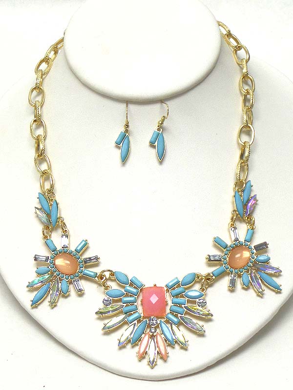 Multi crystal and acrylic stone mix flower link cocktail necklace earring set