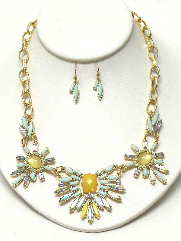 Multi crystal and acrylic stone mix flower link cocktail necklace earring set