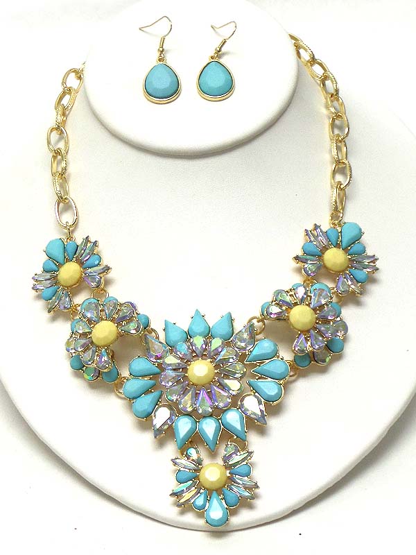 Multi crystal and acrylic stone mix flower link cocktail necklace earring set