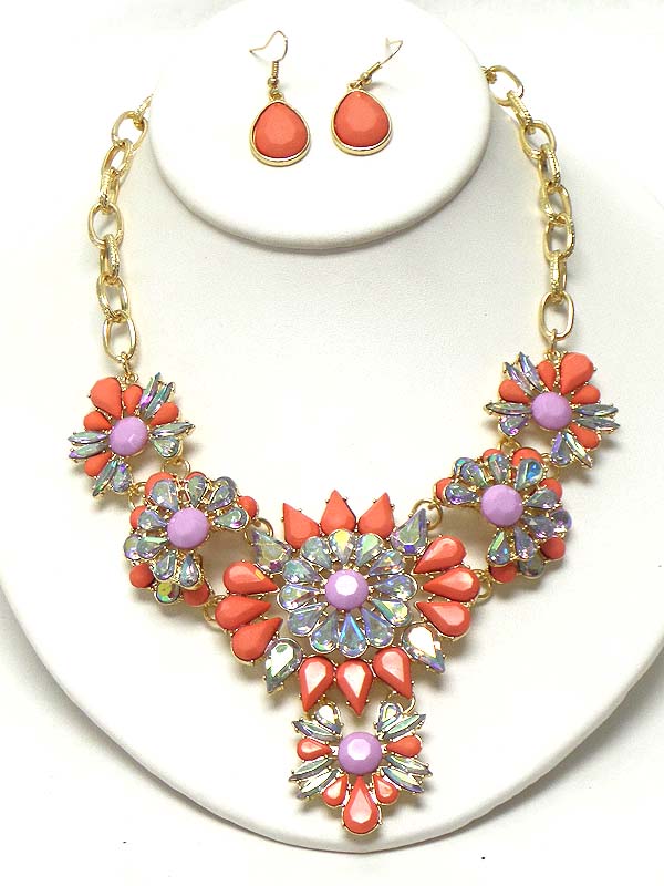 Multi crystal and acrylic stone mix flower link cocktail necklace earring set