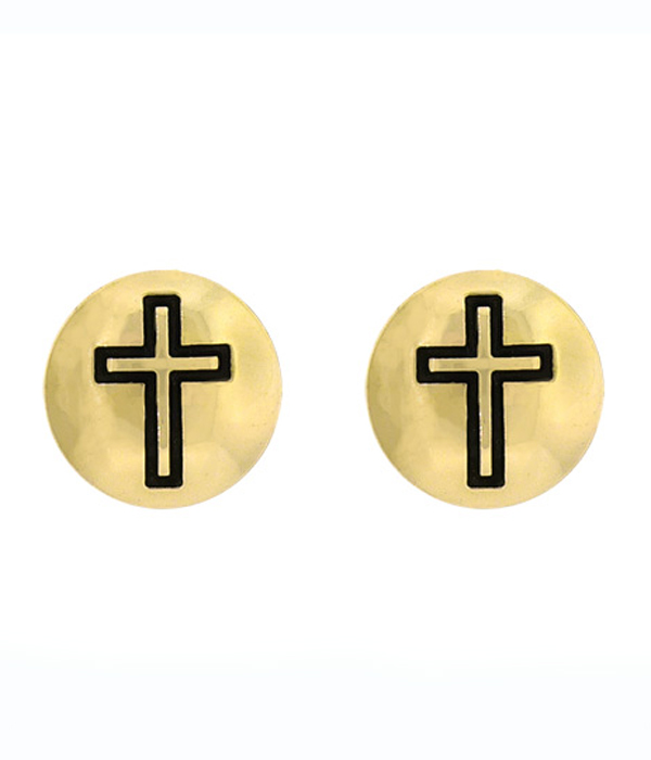 Cross hand stamped metal stud earring
