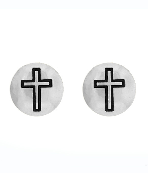 Cross hand stamped metal stud earring