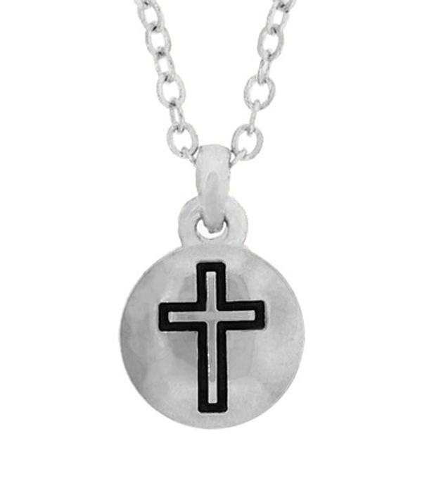 Cross hand stamped metal tiny pendant necklace