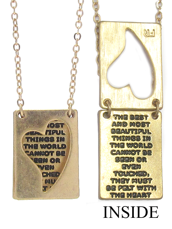 Heart and message cutout double layer pendant necklace - the best and the most beautiful things in the world must be felt with the heart