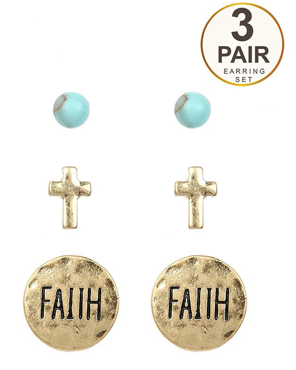 Handmade cross and turquoise 3 pair earring set - faith
