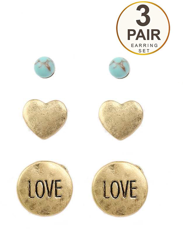 Handmade heart and turquoise 3 pair earring set - love