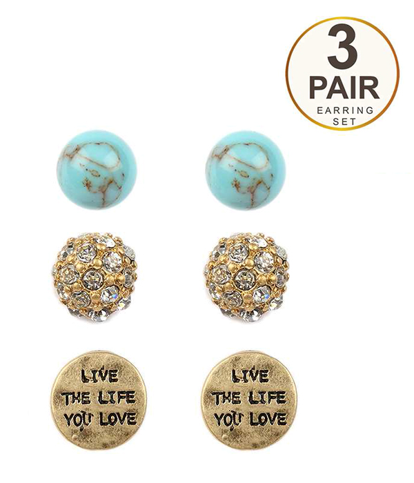 Handmade crystal ball and turquoise 3 pari earring set - live the life you love