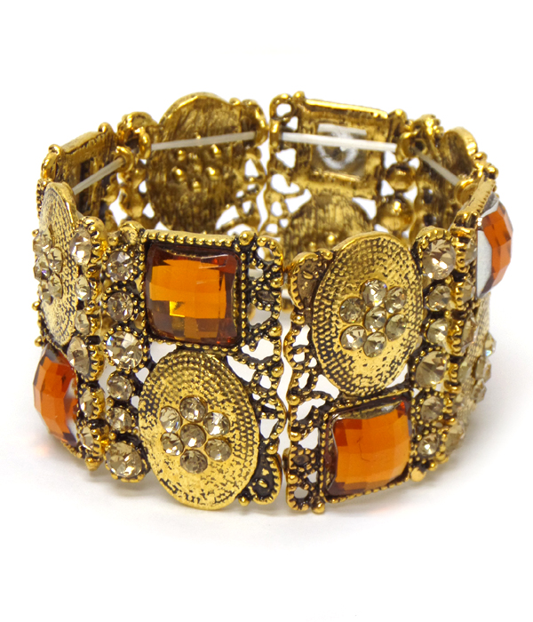 Crystal and metal filigree multi shape stretch bracelet
