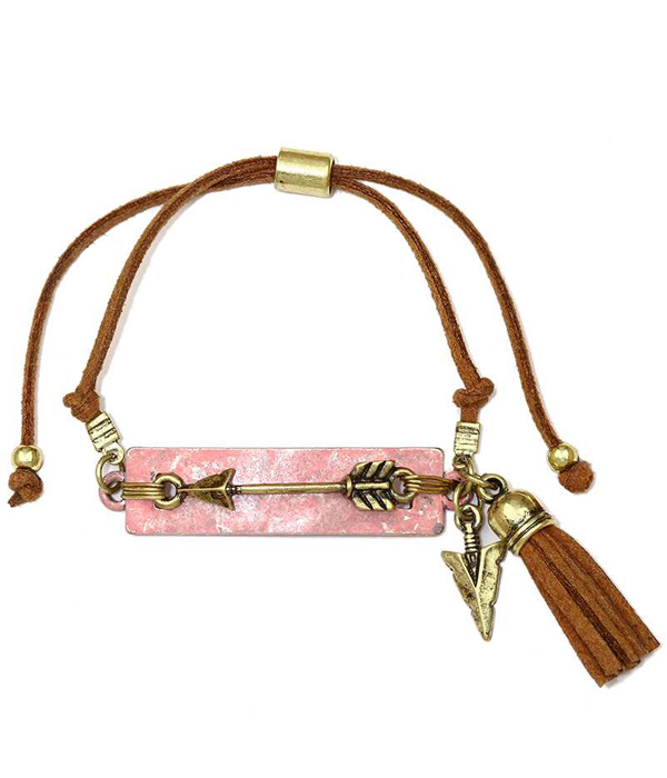 Arrow and leatherette tassel pull tie bracelet