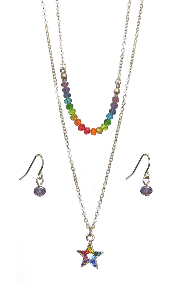 RAINBOW CRYSTAL STAR PENDANT DOUBLE LAYER NECKLACE SET