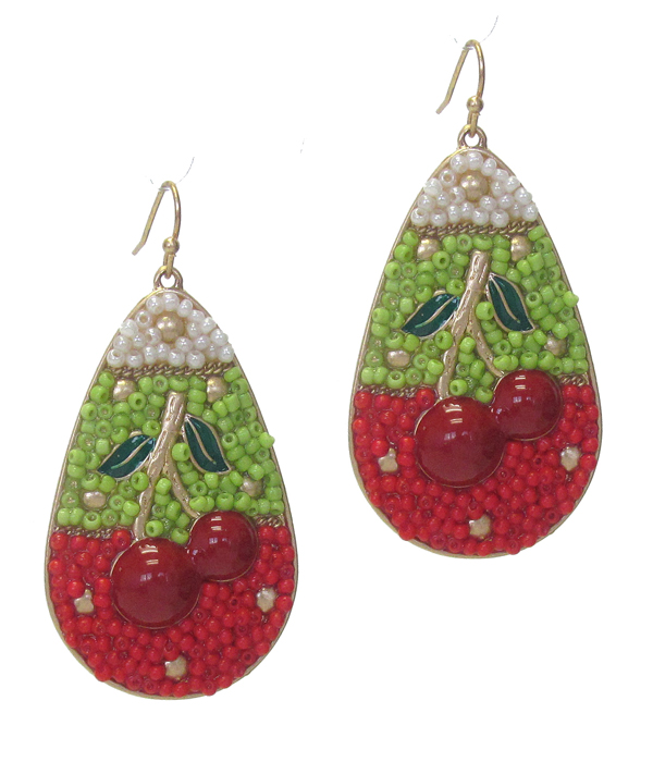 HANDMADE SEEDBEAD ART TEARDROP EARRING - CHERRY