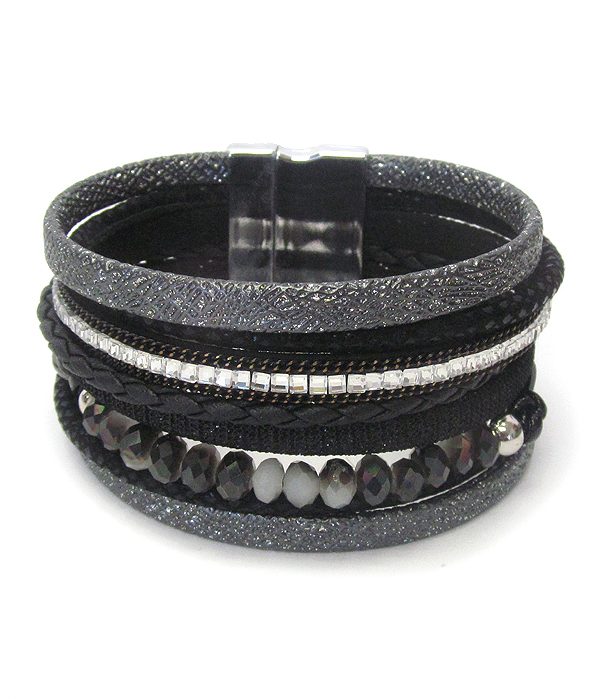 Multi layer leather and glass bead mix magnetic bracelet