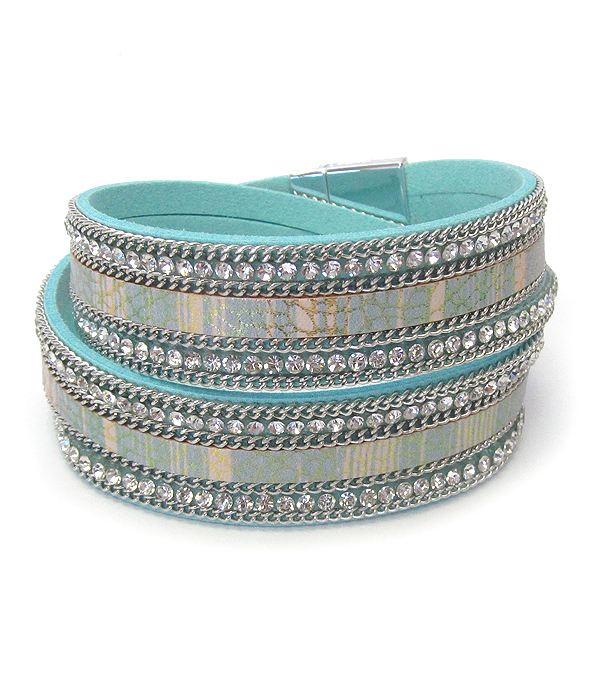 Crystal and leather double wrap magnetic bracelet
