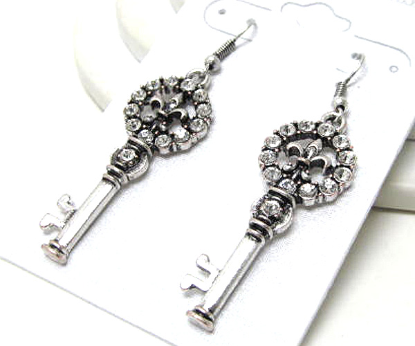 Crystal metal fleur de lis  key drop earring