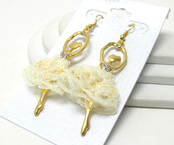 Crystal metal with fabric dress ballerina drop earrings