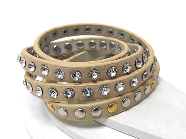 MULTI CRYSTAL AND METAL STUD LEATHERETTE WRAP BRACELET - FREE WRAP STYLE