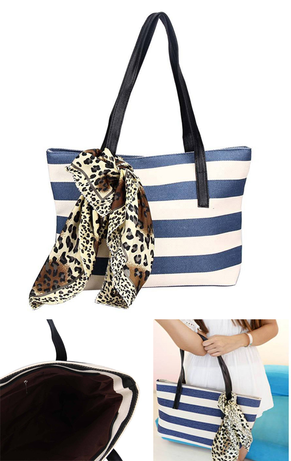 Nautical stripe beach shoulder canvas bag with the scarf