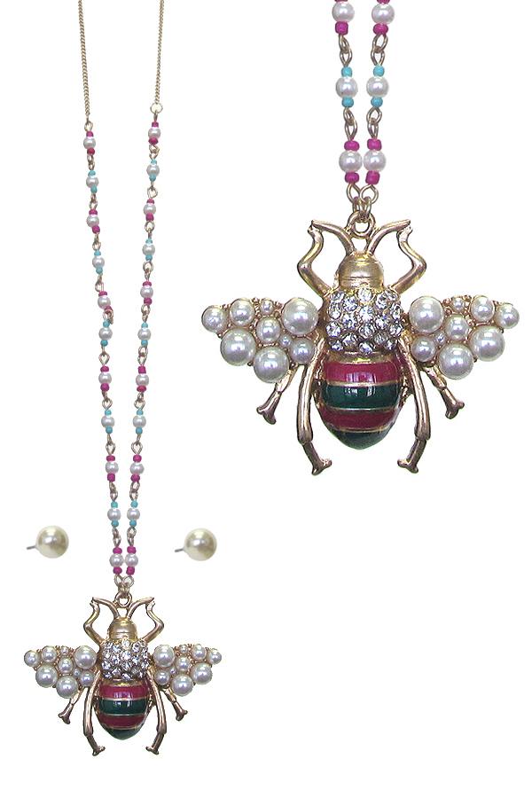 CRYSTAL AND PEARL BEE PENDANT LONG NECKLACE SET