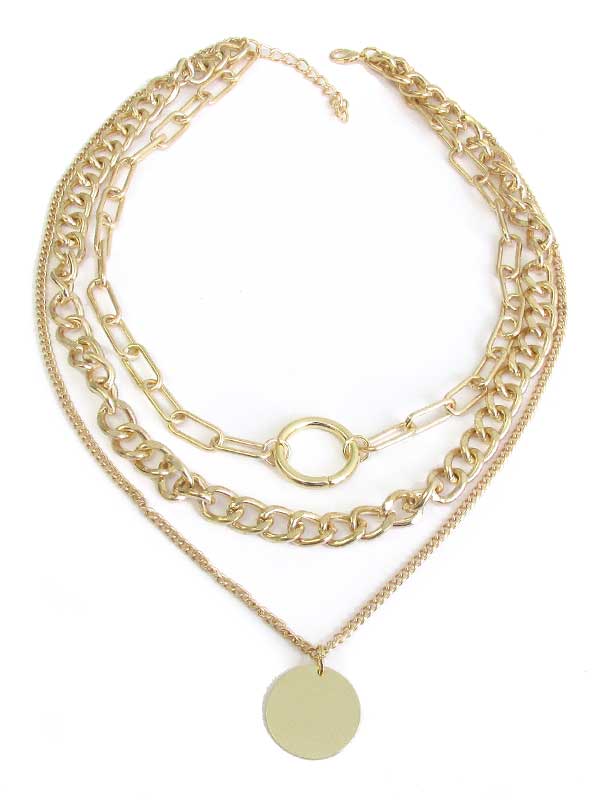 Disc pendant multi layer chain necklace