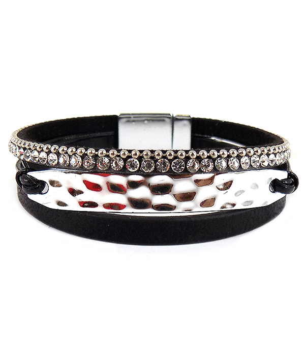 Multi layer leather and glass bead mix magnetic bracelet