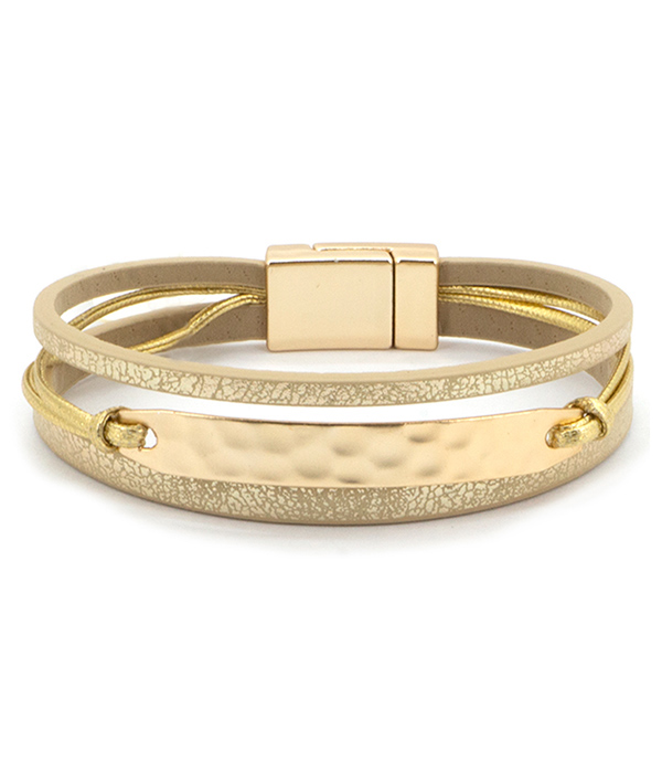 Multi layer leather metal bar magnetic bracelet