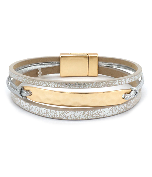 Multi layer leather metal bar magnetic bracelet