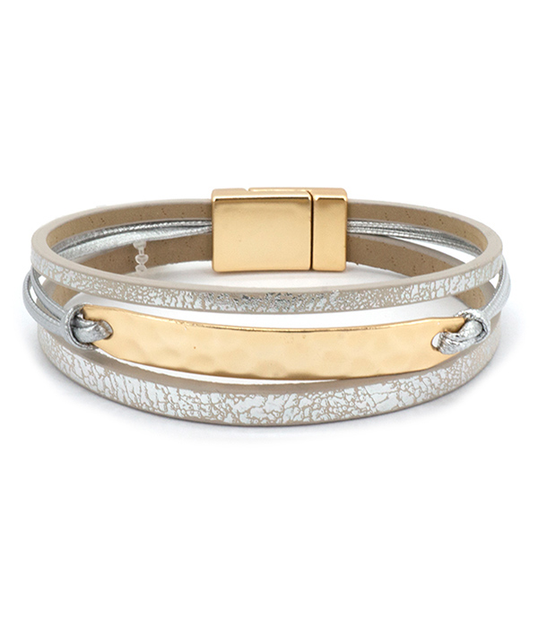 MULTI LAYER LEATHER METAL BAR MAGNETIC BRACELET