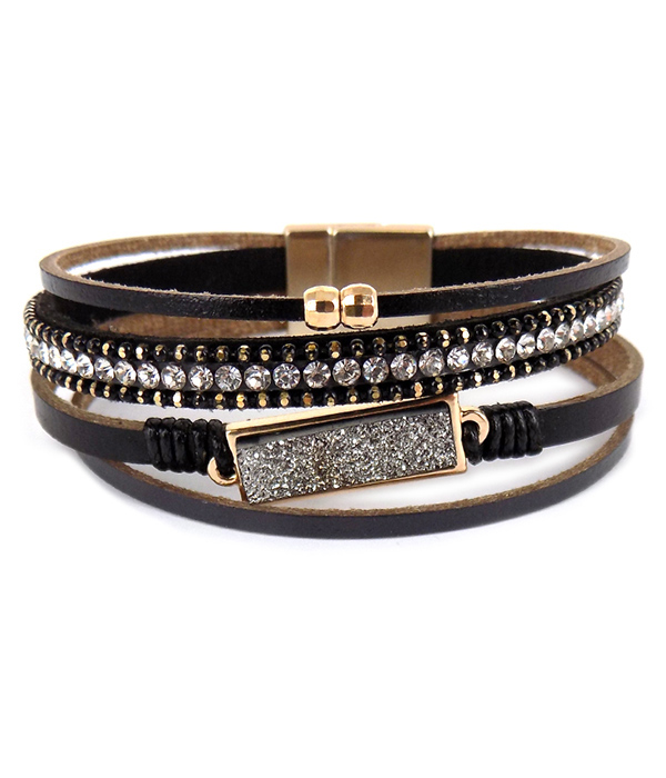 Multi layer leatherette and druzy magnetic bracelet