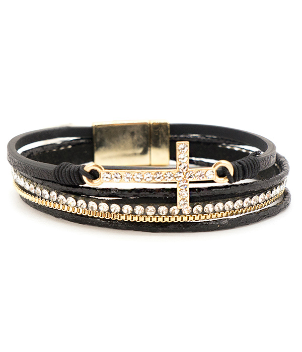 Multi layer leatherette and crystal cross magnetic bracelet