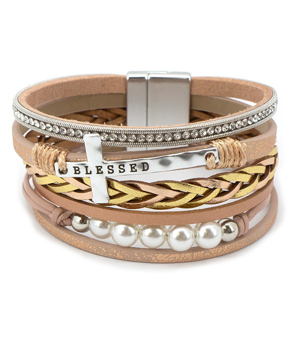 Religious inspiration multi leatherette cross magnetic bracelet - blessed