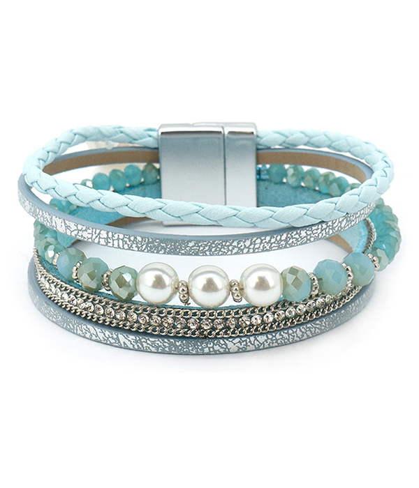 Multi layer leatherette pearl and glass bead mix magnetic bracelet