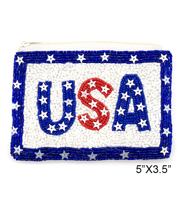 PATRIOTIC AMERICAN FLAG THEME HANDMADE MULTI SEEDBEAD WALLET COIN PURSE - USA