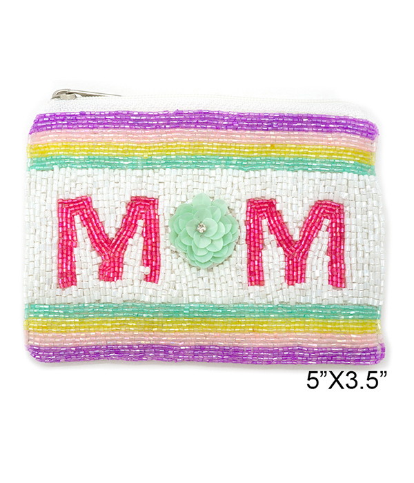 MOM THEME HANDMADE MULTI SEEDBEAD WALLET COIN PURSE - MOM