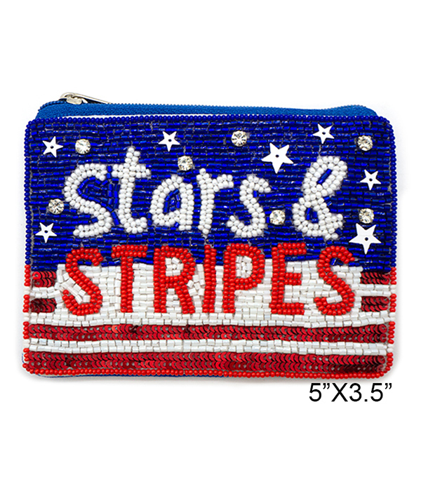 Patriotic american flag theme handmade multi seedbead wallet coin purse - stars and stripes