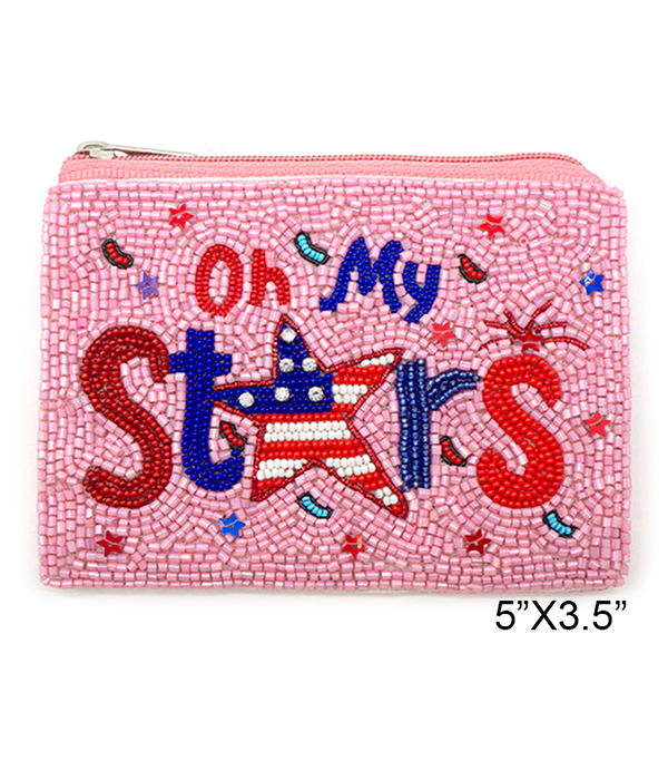Patriotic american flag theme handmade multi seedbead wallet coin purse - oh my stars