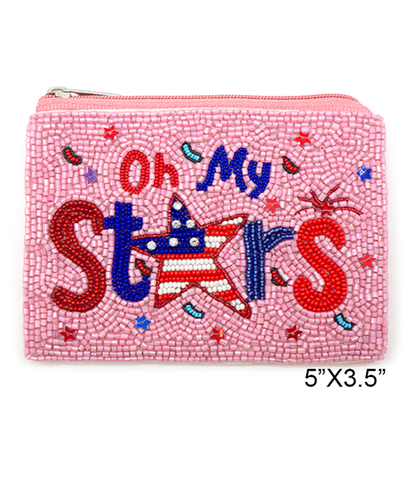 PATRIOTIC AMERICAN FLAG THEME HANDMADE MULTI SEEDBEAD WALLET COIN PURSE - OH MY STARS