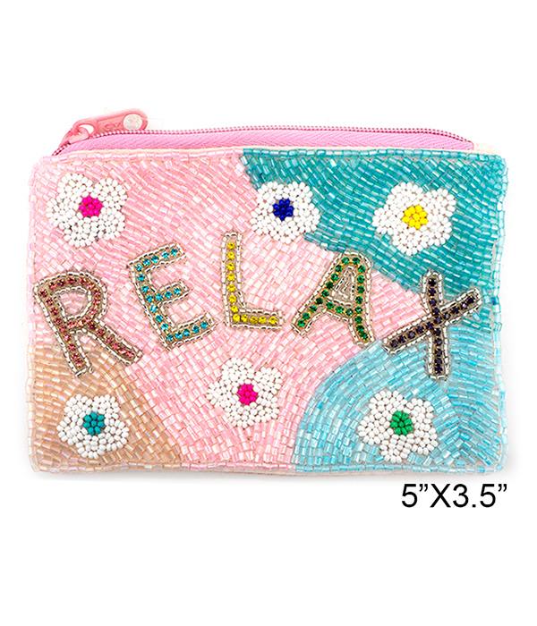 Meditation theme handmade multi seedbead wallet coin purse - relax