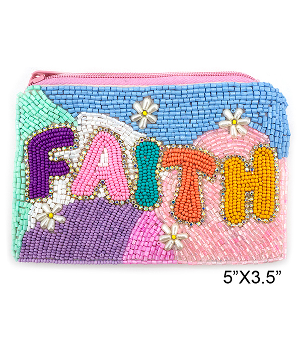 RELIGIOUS THEME HANDMADE MULTI SEEDBEAD WALLET COIN PURSE - FAITH