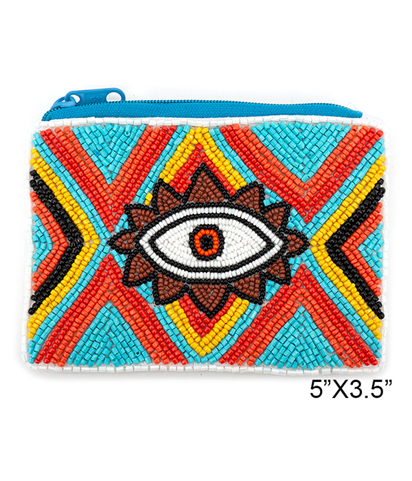 EVIL EYE THEME HANDMADE MULTI SEEDBEAD WALLET COIN PURSE