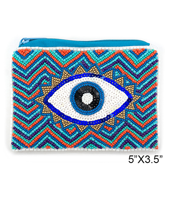 Evil eye theme handmade multi seedbead wallet coin purse