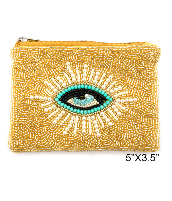 EVIL EYE THEME HANDMADE MULTI SEEDBEAD WALLET COIN PURSE